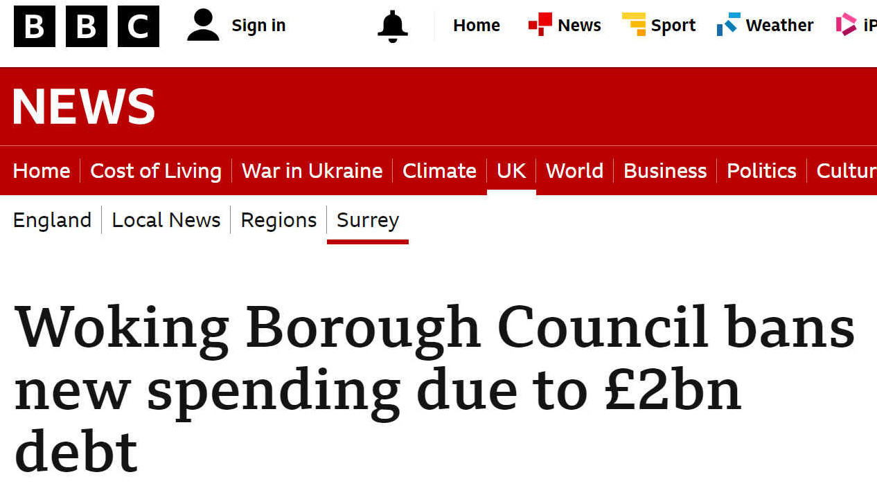 Woking Borough Council's bankruptcy 2 billion pounds of borrowed debts