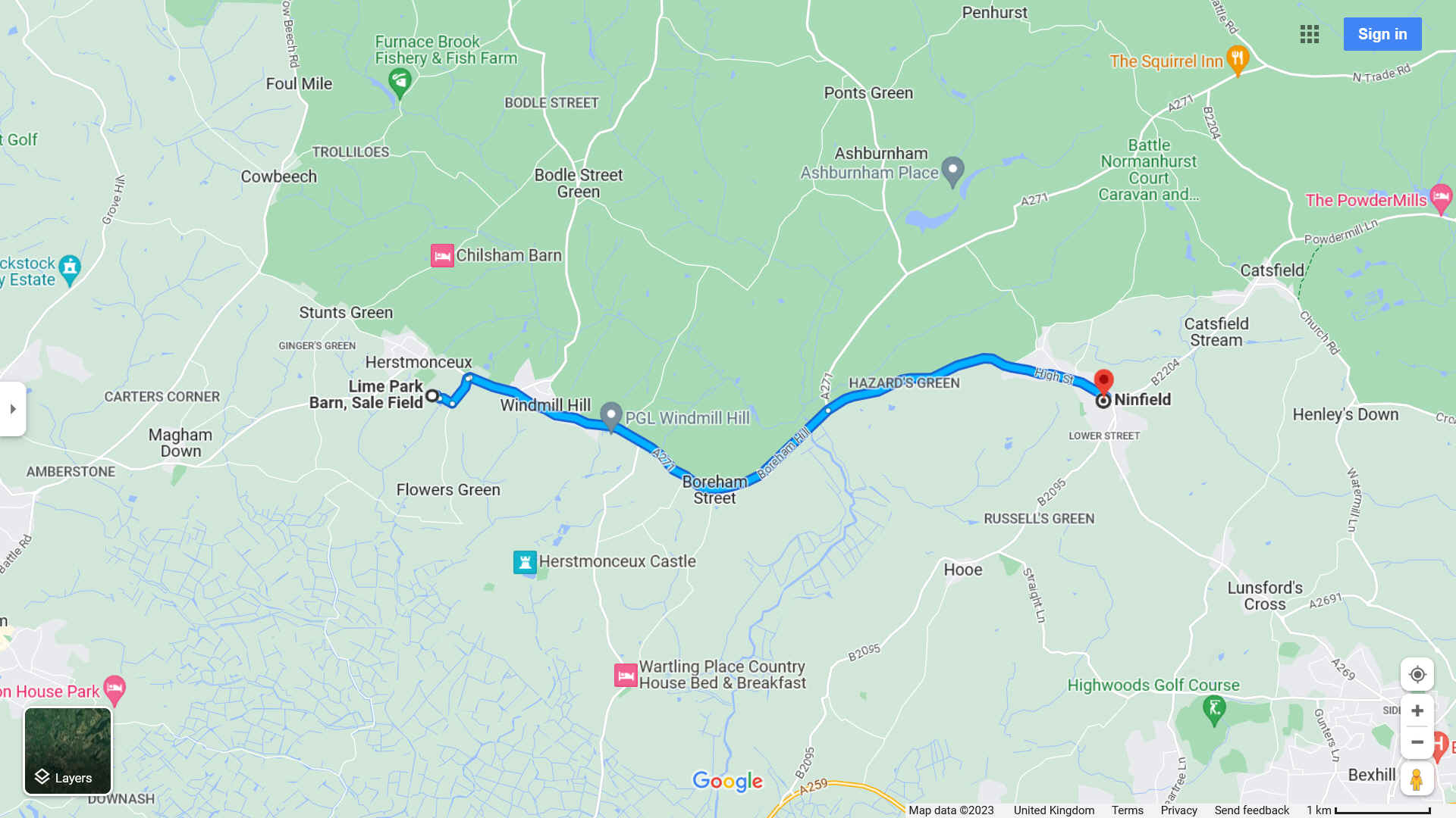 Map showing route to and from Herstmonceux Museum, and Ninfield